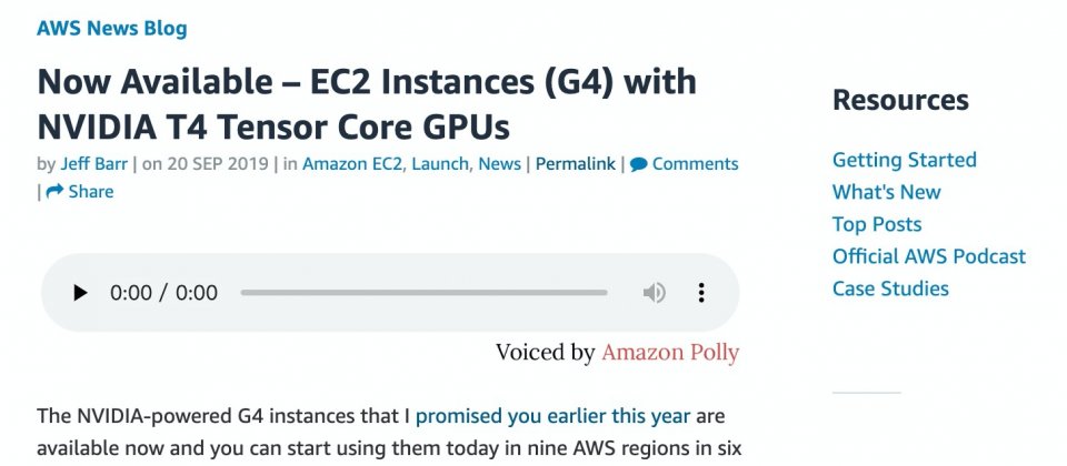 AWS推出採用Nvidia T4 GPU的EC2实例加速AI应用及图形运算